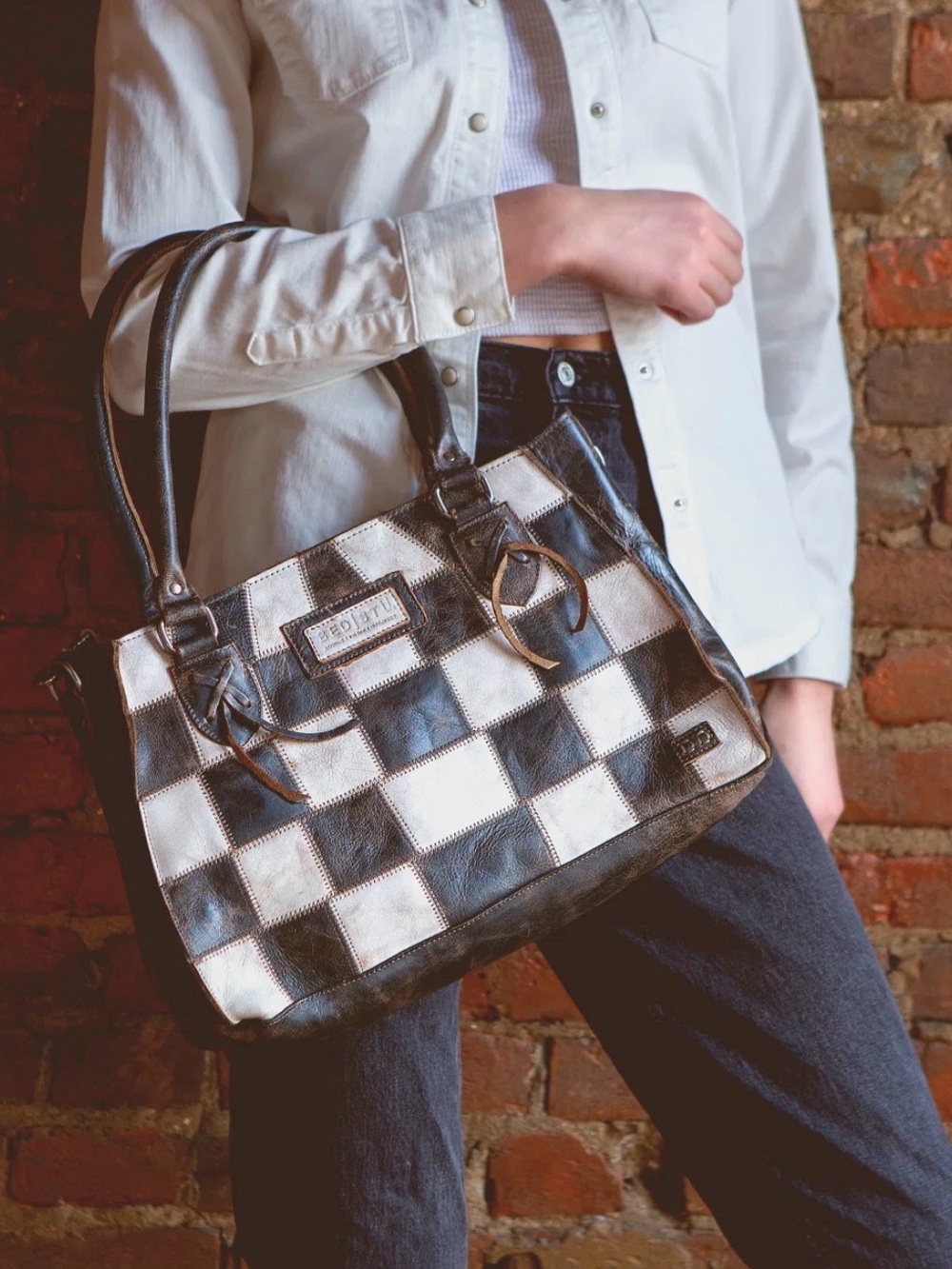 Bed Stu Rockababy Black and White Checker Leather Crossbody Satchel